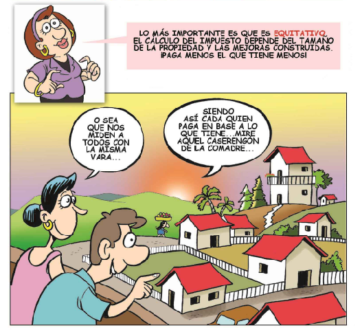Historieta de personas reforzando la importancia de pagar y que el cálculo es equitativo según el tamaño de la propiedad y mejoras construídas